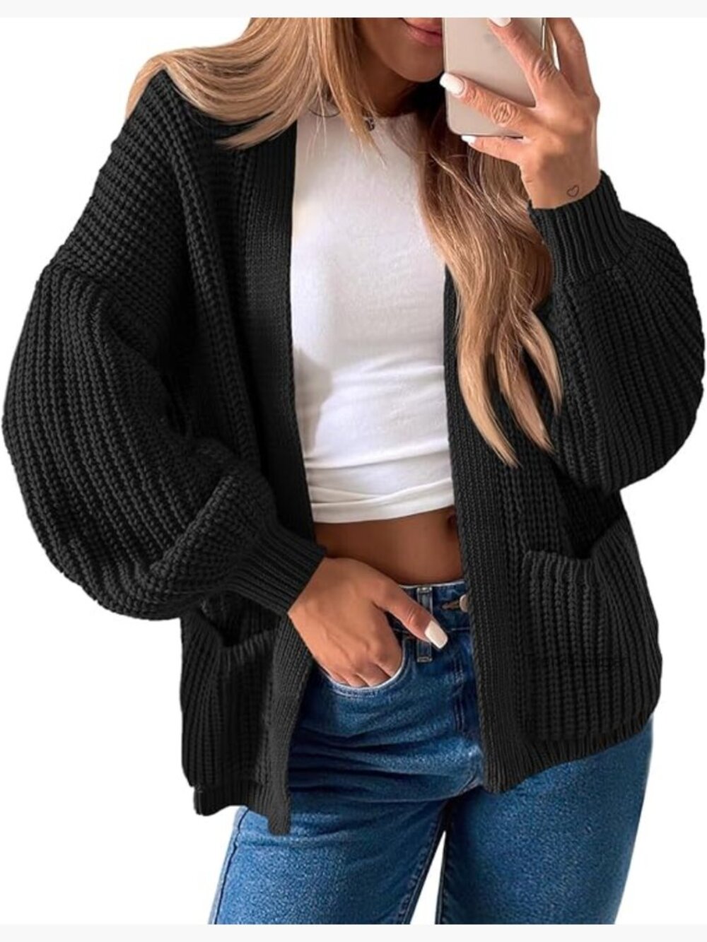 Oversized Chunky Knit Cardigan Long Lantern Sleeve Open Front Fall Coat Sweater